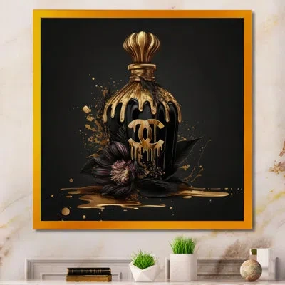 Design Art Chic Black And Gold Perfume Bottle Viii - Picture Frame Graphic Art On Canvas In Gold Picture Framed