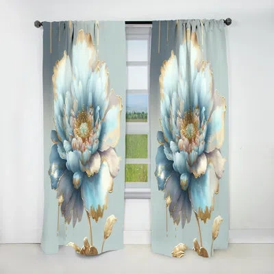 Design Art Chic Blue Blooming Flower Iv - Floral Blackout Curtain - 1 Panel In Blue;gold