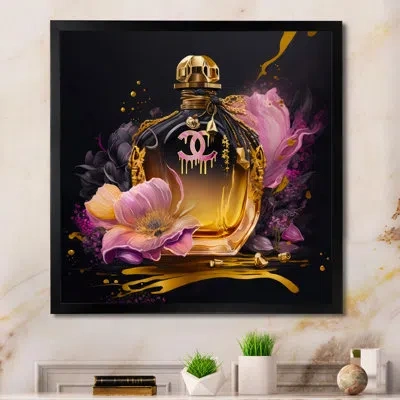 Design Art Chic Perfume Bottle With Pink Roses I - Fashion Wall Art For Living Room In Black Picture Framed Canvas