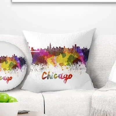 Design Art Chicago Skyline - Cityscape Printed Pillow In Yellow;purple