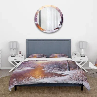 Design Art Christmas Forest With River And Trees Ii - Traditional Duvet Cover Set - Microfiber Polyester In White;orange