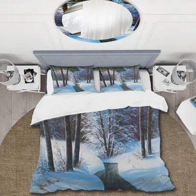 Design Art Christmas Forest With River And Trees Iii - Traditional Duvet Cover Set - Microfiber Polyester In White