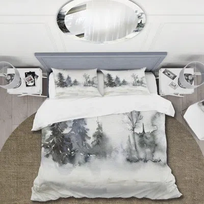 Design Art Christmas Minimalistic Forest Landscape And Snow - Lake House Duvet Cover Set - Microfiber Polyester In Gray
