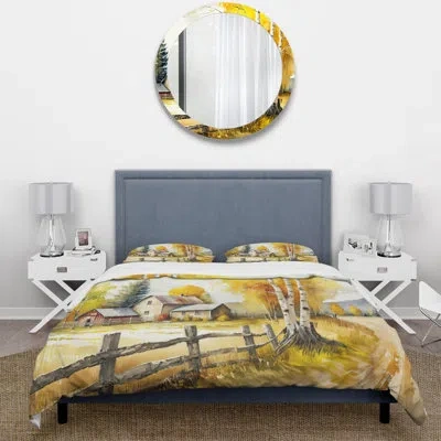 Design Art Church On A Lake In Winter I - Lake Church Duvet Cover Set - Microfiber Polyester In Gray;yellow