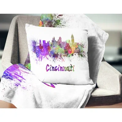 Design Art Cincinnati Skyline - Cityscape Printed Pillow In Yellow;purple