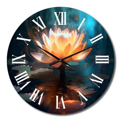 Design Art Cinematic White Lotus In Mystical Pond Metal Wall Clock In Blue;black;brown