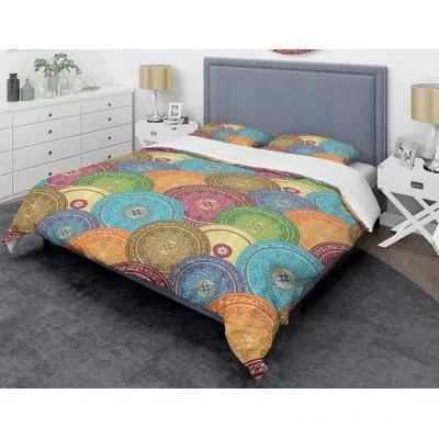 Design Art Circular Retro Iv Mid-century Duvet Cover Set In Brown,red,yellow