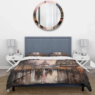 Design Art Cities & Countries Comforter Set 4 Pcs - Pink Twilight Rendezvous In Paris I Comforter Bedding Set In Pink;beige