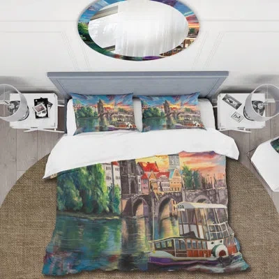 Design Art City View Of Prague By Sunset - Children Art Duvet Cover Set - Microfiber Polyester In Green