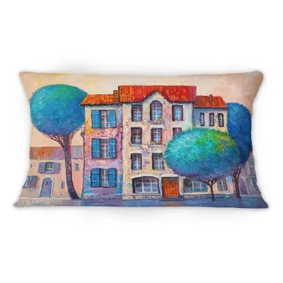 Design Art City View With Blue Leaves And Red Roofs - Industrial Printed Throw Pillow 1