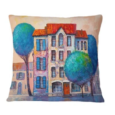 Design Art City View With Blue Leaves And Red Roofs - Industrial Printed Throw Pillow In Blue;red;blue;red