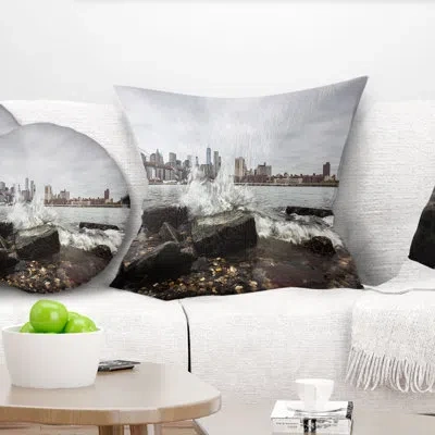 Design Art Cityscape Brooklyn Bridge With Rocks On Shore Pillow In White