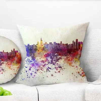 Design Art Cityscape Chicago Skyline Pillow In Yellow;purple