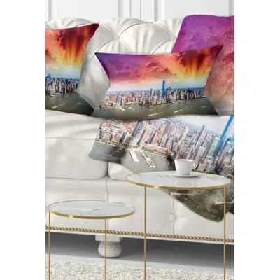 Design Art Cityscape Colorful New York Skyline Aerial View Lumbar Pillow