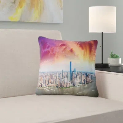 Design Art Cityscape Colorful New York Skyline Aerial View Pillow In Purple