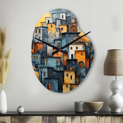 Design Art Cityscape Exquisite Blue Ii - Buildings Irregular Shape Metal Wall Clock, Industrial Asymmetrical Wa