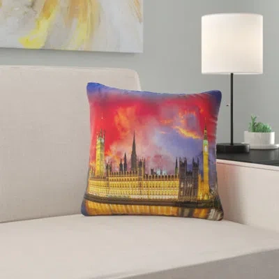 Design Art Cityscape House Of Parliament At River Thames Pillow In Red