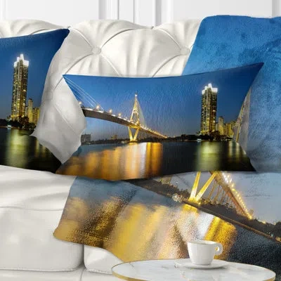 Design Art Cityscape Lit Up Bhumibol Bridge At Dusk Lumbar Pillow