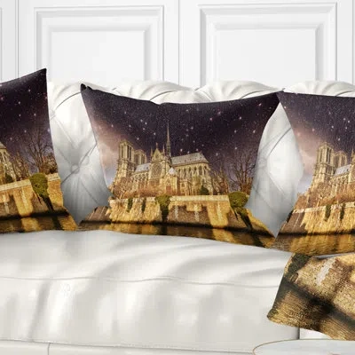 Design Art Cityscape Photo Notre Dame Cathedral At Night Pillow In Blue