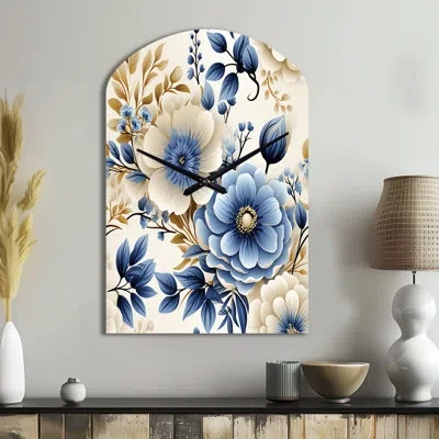 Design Art Classic Blue Harmony Bouquet - Asymmetrical Floral Metal Wall Clock, No Wall Clock Print In Blue;white