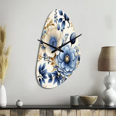 Design Art Classic Blue Harmony Bouquet - Floral Asymmetrical Metal Clock, Cottage Freeform Wall Clock Print