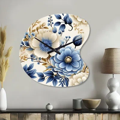 Design Art Classic Blue Harmony Bouquet - Floral Asymmetrical Metal Wall Clock, Blue Irregular Shape Wall Clock In Blue;white