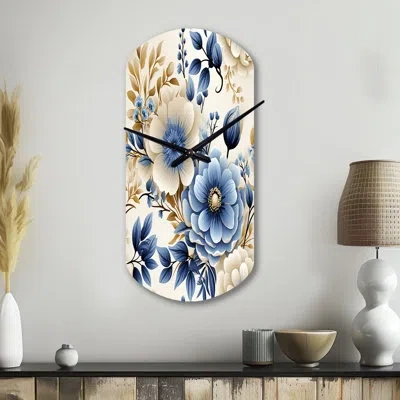 Design Art Classic Blue Harmony Bouquet - Floral Cylinder Metal Wall Clock, Blue Asymmetrical Clock Print In Blue;white