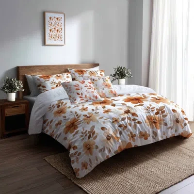 Design Art Classic Boho Comforter Set 6 Pcs - Orange Boho Floral Petals Comforter Bedding Set In White;orange