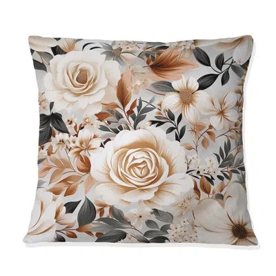 Design Art Classic Vintage White Garden Melodies - Floral Printed Throw Pillow In Brown;white