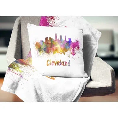 Design Art Cleveland Skyline - Cityscape Printed Throw Pillow In Yellow;purple