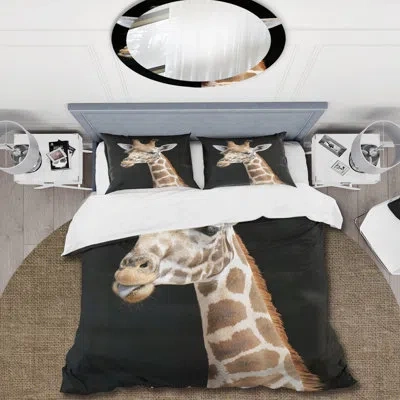 Design Art Close Up Portrait Of A Giraffe Iii - Farmhouse Duvet Cover Set - Microfiber Polyester In Brown