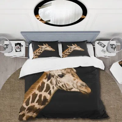 Design Art Close Up Portrait Of A Giraffe Iv - Farmhouse Duvet Cover Set - Microfiber Polyester In Brown