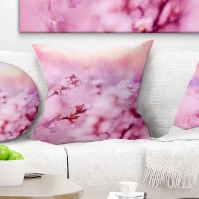 Design Art Close Up View Of Blossoming Cherry - Floral Printed Pillow In Purple