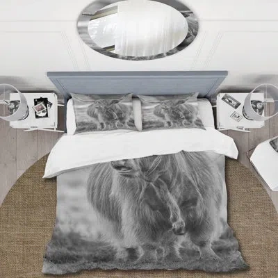 Design Art Close Up View Of Bull - Farmhouse Duvet Cover Set - Microfiber Polyester In Gray