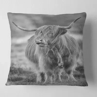 Design Art Close Up View Of Bull - Farmhouse Printed Pillow In Gray
