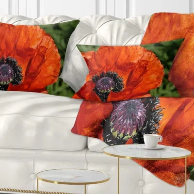 Design Art Close Up View Of Red Poppy Flower - Floral Printed Throw Pillow