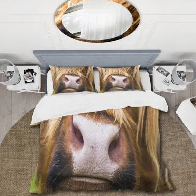 Design Art Close-up Highland Cattle In Scotland - Farmhouse Duvet Cover Set - Microfiber Polyester In Brown