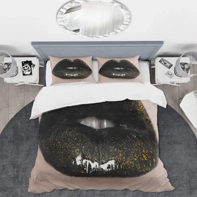 Design Art Close-up Of Gorgeous Woman Lips I - Modern Duvet Cover Set - Microfiber Polyester In Black,yellow,white;black,yellow,white