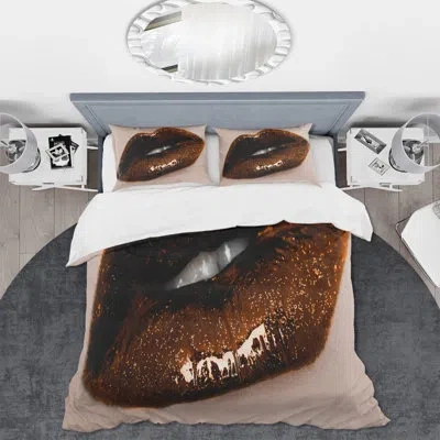 Design Art Close-up Of Gorgeous Woman Lips Ii - Modern Duvet Cover Set - Microfiber Polyester In Brown