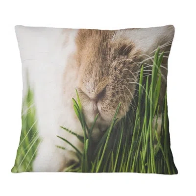 Design Art Closeup View Of Rabbit Nose And Green Grass Stems - Farmhouse Printed Throw Pillow In Green;gray
