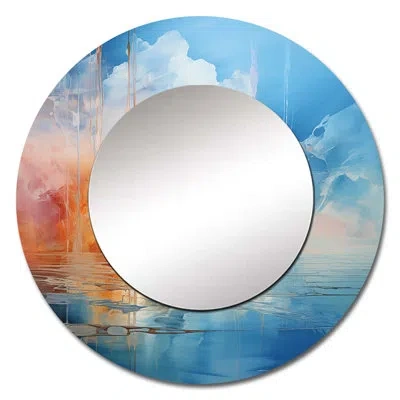 Design Art Clouds Skys Canvas I - Clouds Decorative Mirror, Orange Round Wall Mirror, Printed Metal Art In Blue;orange