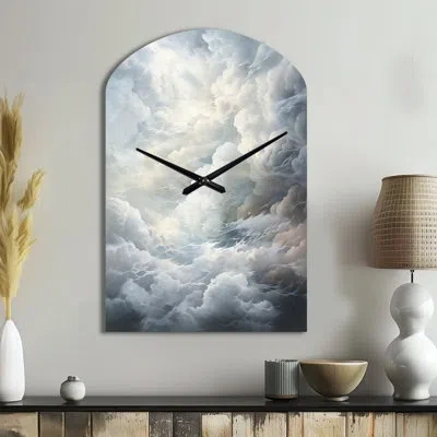 Design Art Clouds Whispering Clouds Ii - Clouds Arch Metal Wall Clock, Traditional Asymmetrical Wall Clock Prin In Gray