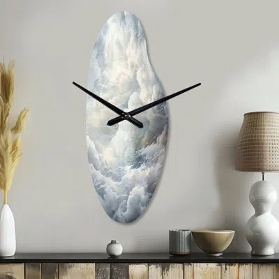 Design Art Clouds Whispering Clouds Ii - Clouds Asymmetrical Metal Clock, Grey Curved Wall Clock Print In Gray