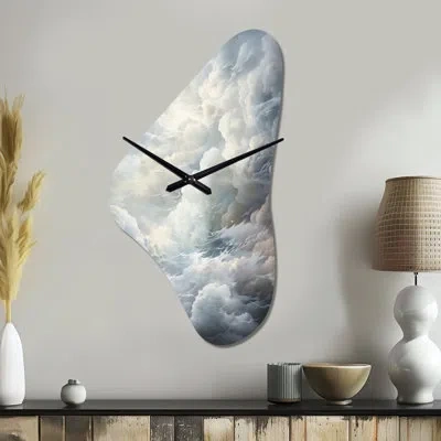 Design Art Clouds Whispering Clouds Ii - Clouds Asymmetrical Metal Wall Clock, Grey Irregular Shape Metal Clock In Gray