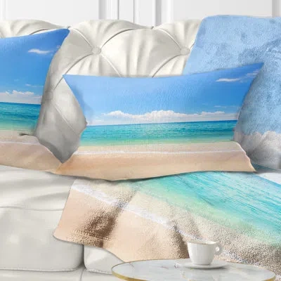 Design Art Cloudy Horizon Over Beach - Sea & Shore Printed Throw Pillow In Blue
