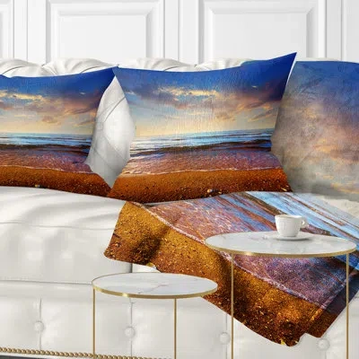 Design Art Cloudy Skies With Vibrant Seashore - Sea & Shore Printed Pillow In Blue