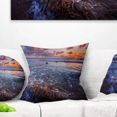 Design Art Cloudy Sky And Stormy Waves - Sea & Shore Printed Pillow In Purple