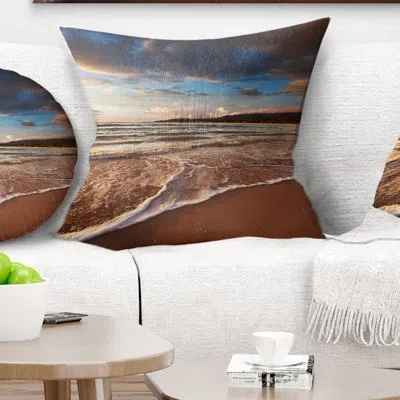 Design Art Cloudy Sky Over Wide Seashore - Sea & Shore Printed Throw Pillow In White