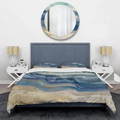 Design Art Coast Blue Sea Waves Watercolor - Modern Farmhouse Comforter Bedding Set In Blue;gray