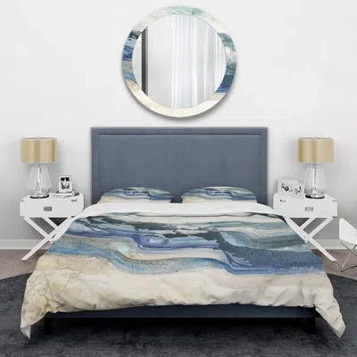 Design Art Coast Blue Sea Waves Watercolor - Modern Farmhouse Duvet Cover Set - Microfiber Polyester
